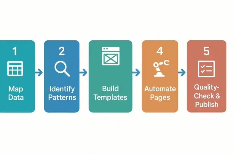 Data automation workflow process: Map data, identify patterns, build templates, automate pages, quality check and publish.